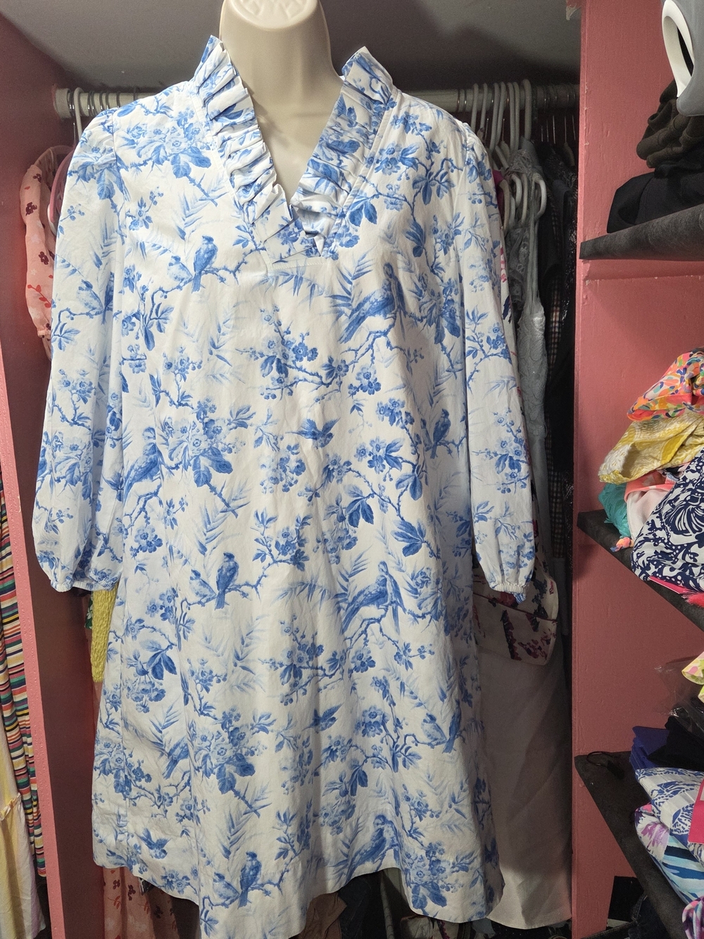 crown & ivy White Midi Dress with Blue Botanical & Bird Print